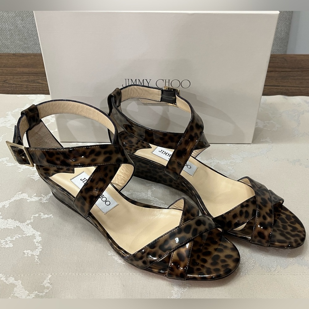 NIB Jimmy Choo Leopard Patent Buckle Sandals EU 39/US 9